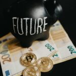 Black piggy bank labeled 'Future' with 200 euro bills and Bitcoin coins, symbolizing modern savings.