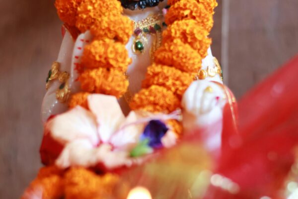 Close-up of a sacred Hanuman statue adorned with garlands, capturing spiritual essence.
